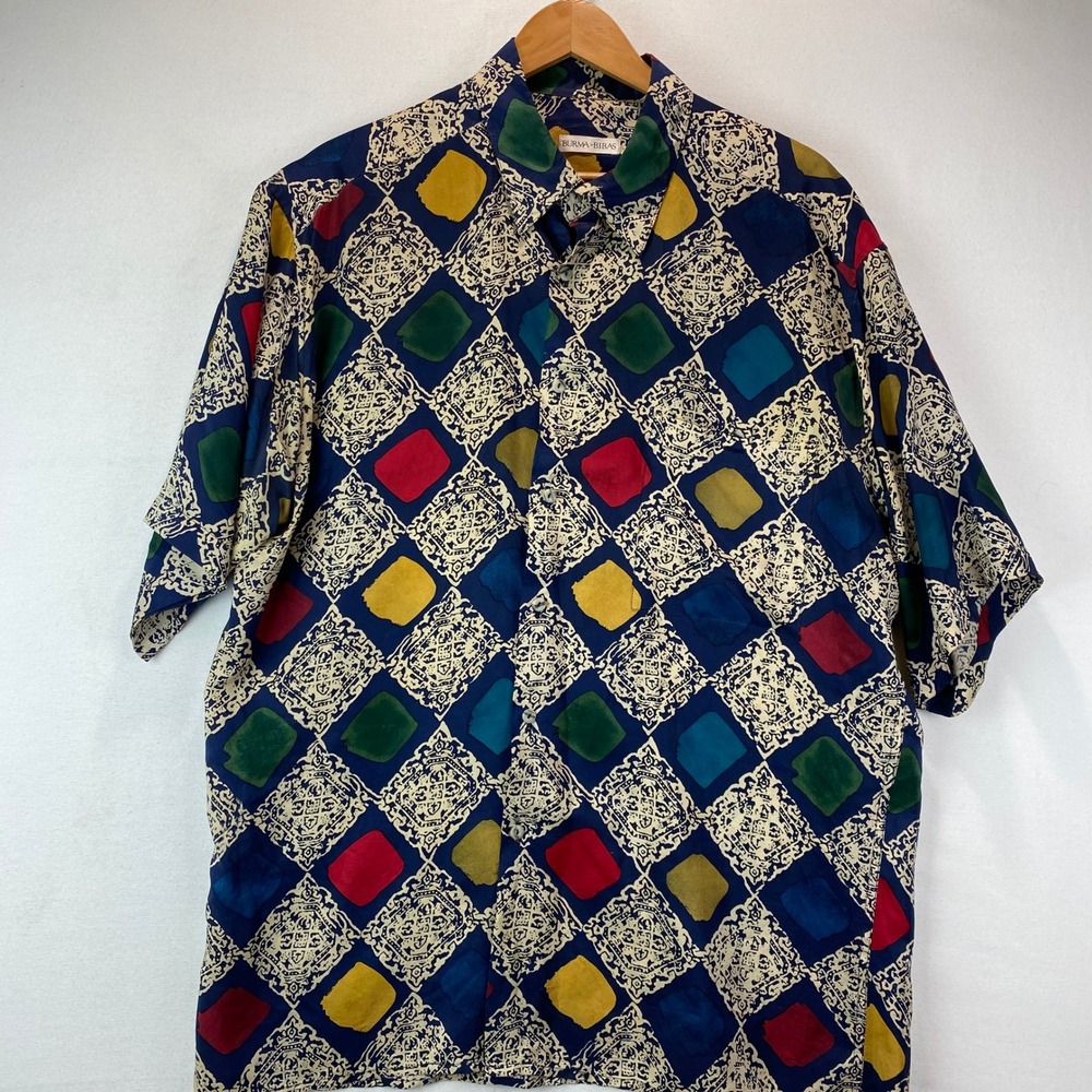 VTG Burma Bibas Geometric Silk Shirt Mens L Blue Multicolor Abstract Tile Print